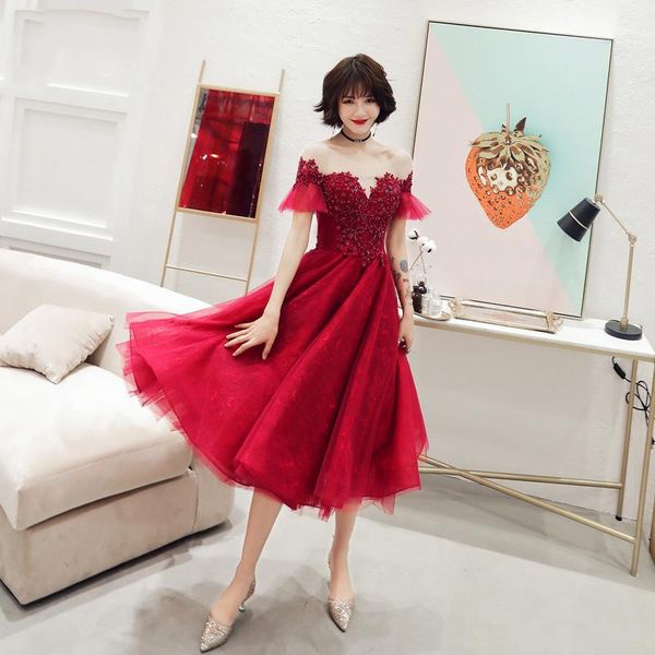 

party dresses special occasion elegant o-neck lace up a-line short sleeves appliques tea-length burgundy lady formal gown e1226, White;black
