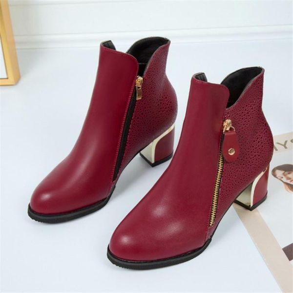 

boots women's fashion side zipper ankle thick high heel 6 cm ladies leather autumn woman shoes wine red black botas