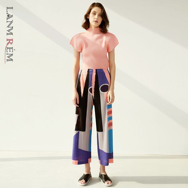 

pleated ankel-length pants famale summer casual women loose straight print wide-leg ar355 210507, Black;white