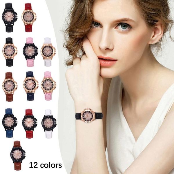 

wristwatches ladies watches 2021 diamond studded shining petal dial leather strap quartz fashion trend accessories gift, Slivery;brown