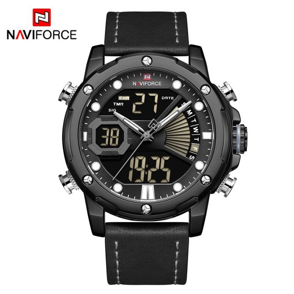 

naviforce watches nf9172 sport men dual display watches waterproof digital quartz leather strap wristwatches light date time watch wrist ed, Slivery;brown