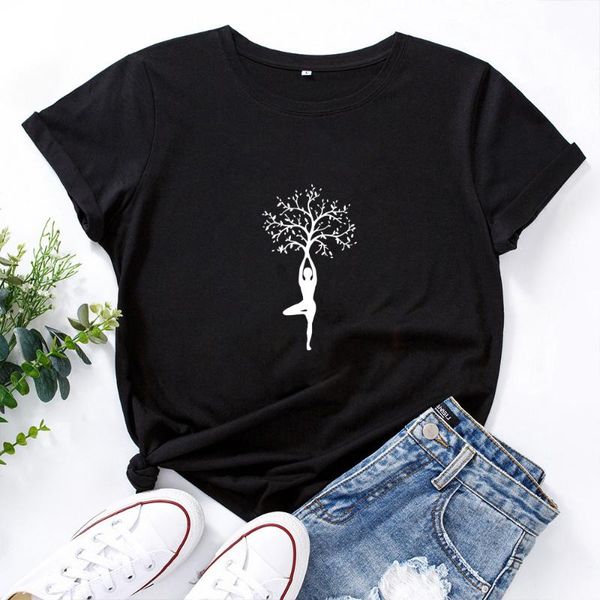 

lady tree pattern printed t-shirt women o-neck cotton loose t shirts fashion retro casual short sleeve tshirt women's, White