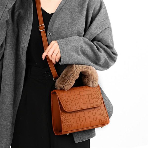 

shoulder bags french retro stone for women 2021 small square leather messenger bag fluffy plush handle female tote sac bolsa