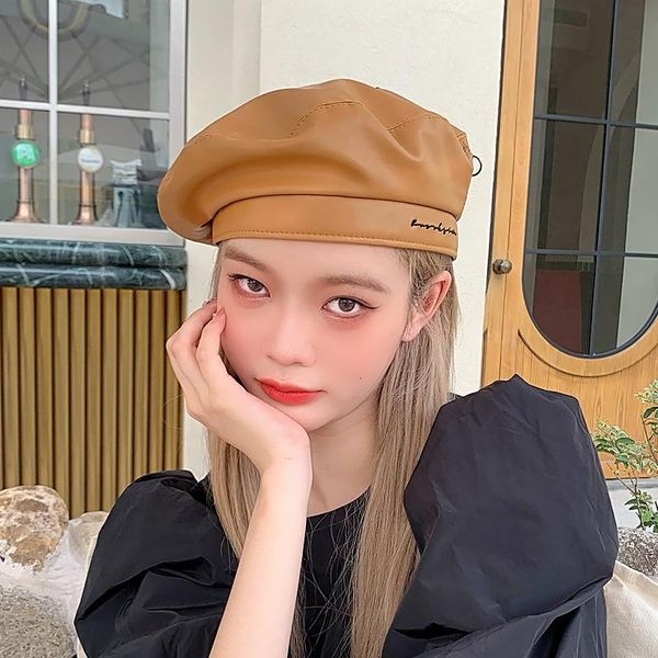 

berets pu beret faux leather autumn winter hats for women embroidery letter windproof warm fashion trend shopping outdoor round cap, Blue;gray