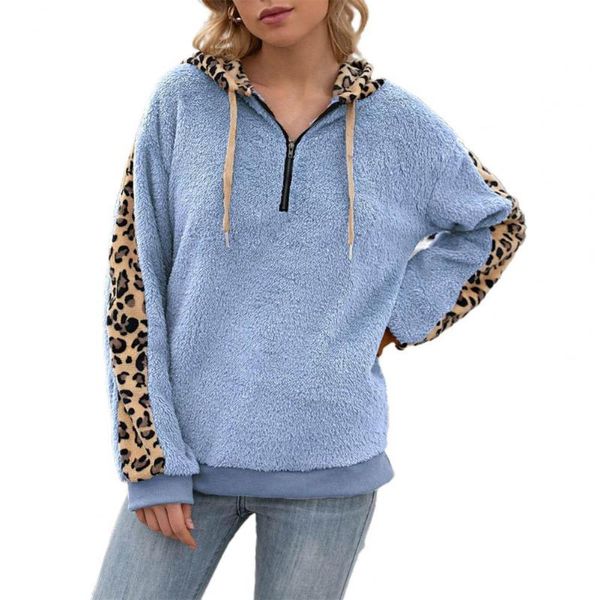 

women's hoodies & sweatshirts women leopard patchwork hooded zipper hoodie sweashirts autumn casual plush spring pullover, Black