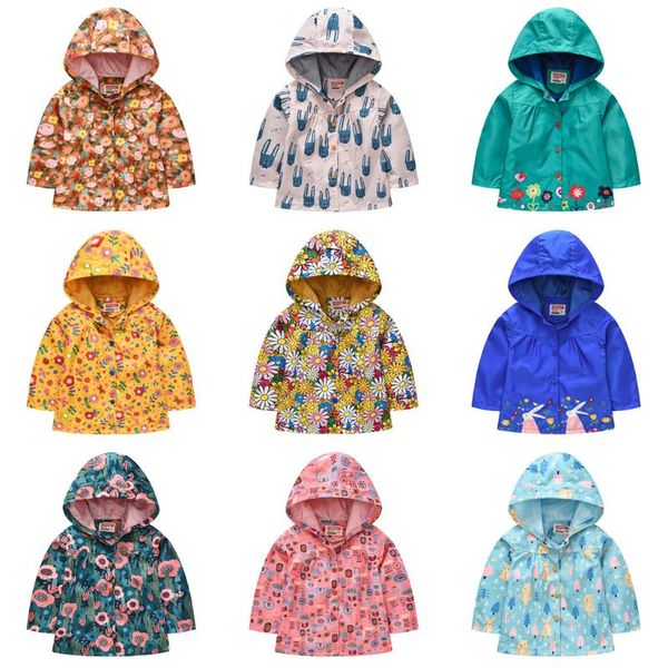 

jackets kid children's clothing flowers pattern printed button long sleeved hooded windbreaker coat for girls casual outerwear, Blue;gray