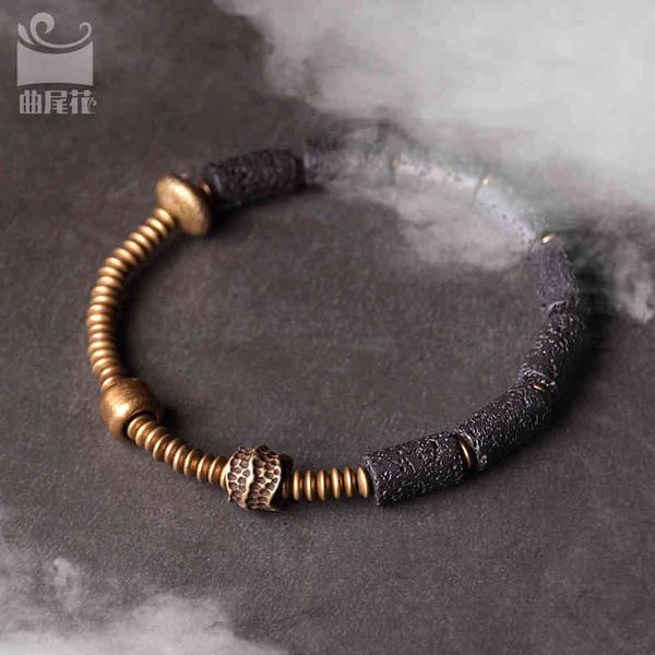 

flower design volcanic stone brass bracelet men's black jewelry women's personality is simple and versatile couple, Golden;silver