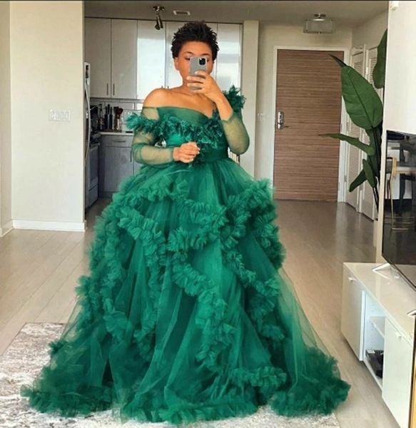 

trendy evening dresses ruffles tulle off the shoulder bridal gowns see thru full sleeves aline mesh tutu women dress long robe fo7822557, Black;red