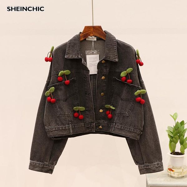 

women's jackets european 2021 autumn women jacket elegant 3d print pocket denim streetwear long sleeve single breasted loose short, Black;brown