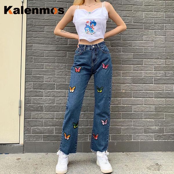 

denim jeans woman kalenmos long trousers cowboy high waist loose streetwear butterfly embroidered straight chic pants plus size women's, Blue