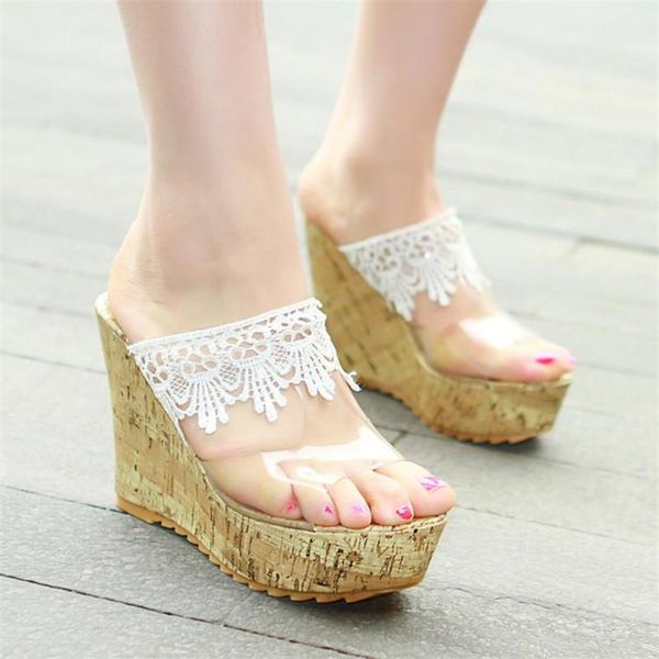 

slippers summe transparent crystal high heels women's shoes size 34-43 lace peep toe thick bottom platform wedge sandals, Black