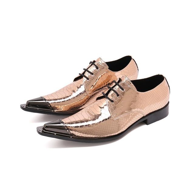 Scarpe da uomo in coccodrillo oro Pelle verniciata shinny per uomo Stringate con punta in metallo Oxford Zapatos De Hombre Vestir Abito formale