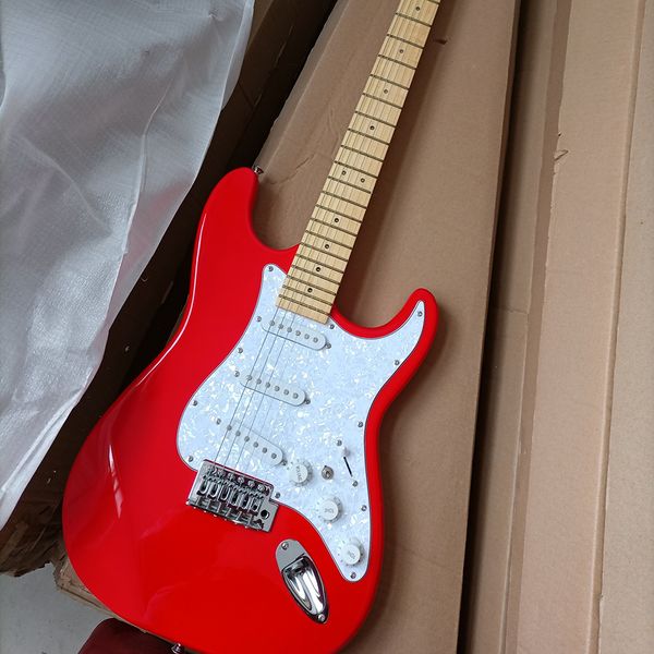 

6 strings orange electric guitar with maple fretboard,white pearled pickguard