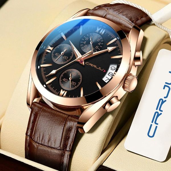 

wristwatches 2021 men watch crrju waterproof quartz watches chronograph sport wristwatch leather business male clock with box, Slivery;brown