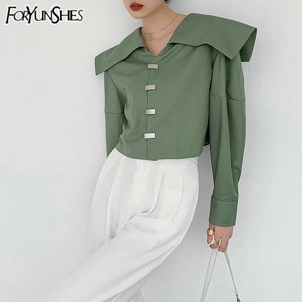 

foryunshes women neo mint green short shirt female sailor collar lantern sleeve preppy style blouse autumn spring 210709, White