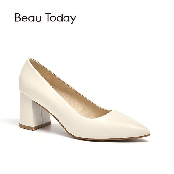 

beautoday women pumps genuine leather calfskin brand office ladies dress slip-on pointed toe high heel shoes 16208, Black