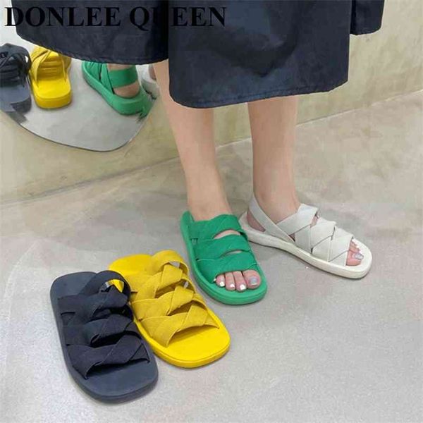 

fashion weave slippers flat gladiator sandal platform shoe women slip on slide brand elastic band beach vacation flip flops 210619, Black