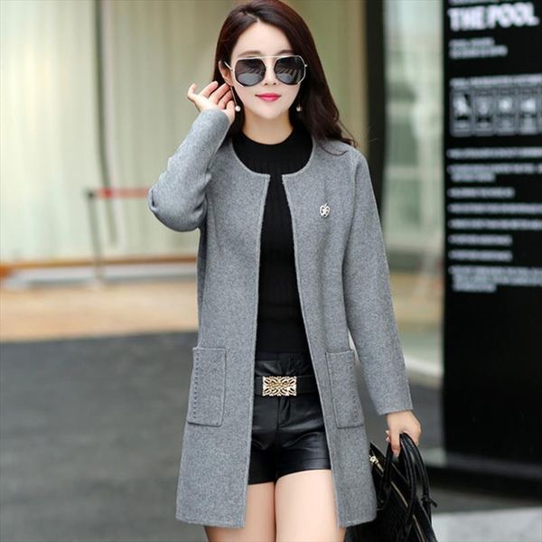 

spring autumn women with pocket sweaters long coat plus size o neck sleeve knitwear cardigan all match female knit, White;black