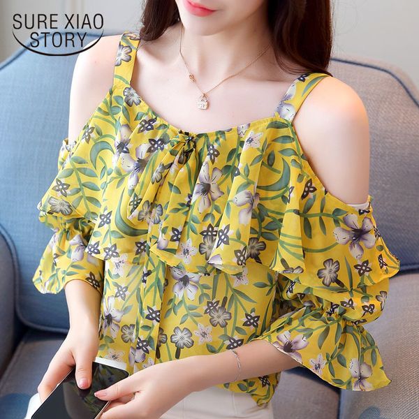 

women blouses and shirts shirt off shoulder chiffon blouse ruffles floral butterfly sleeve ladies 3471 50 210415, White
