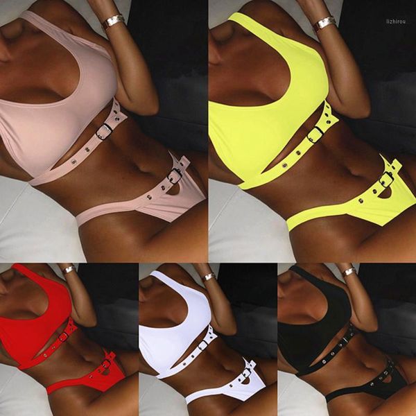 

women's swimwear summer women marine style solid color hanging neck split swimsuit fashion multi-color two-piece, White;black