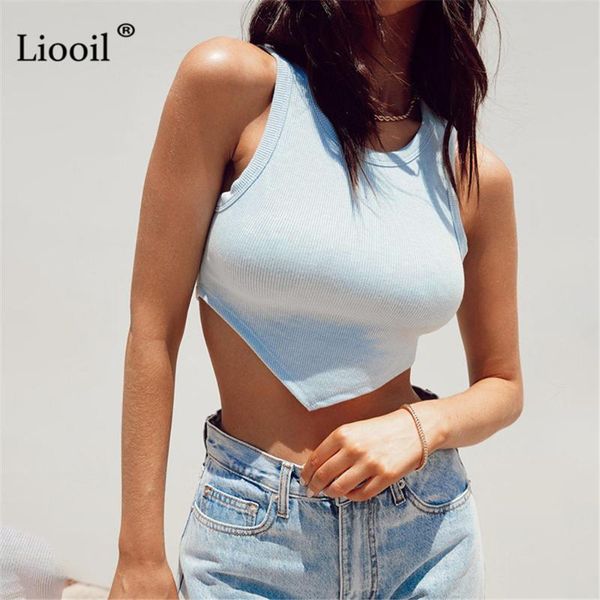 

women's tanks & camis liooil bodycon asymmetrical short tank women sleeveless o neck bustiers corsets black crop streetwear su, White