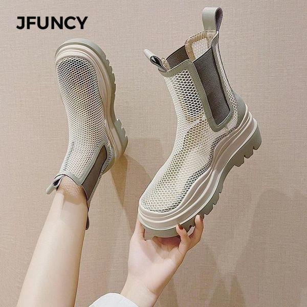 

boots jfuncy summer women mesh breathable hollow out ladies shoes thick bottom female heels slip on fashion woman boot, Black