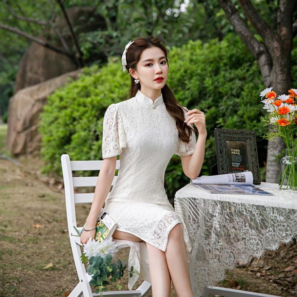 Roupa étnica branca noiva sólida casamento Qipao femme verão clássico chifre manga vestido chinês elegante laço retalhos cheongsams banquet gow