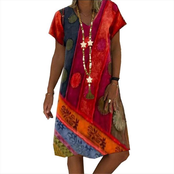 

fashion loose casual floral print womens dresses v neck short sleeves vintage printed summer dress plus size, Black;gray