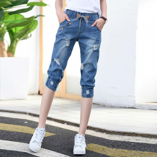 

summer ripped capris loose women jean calf length denim shorts casual high waist harem pants, Blue