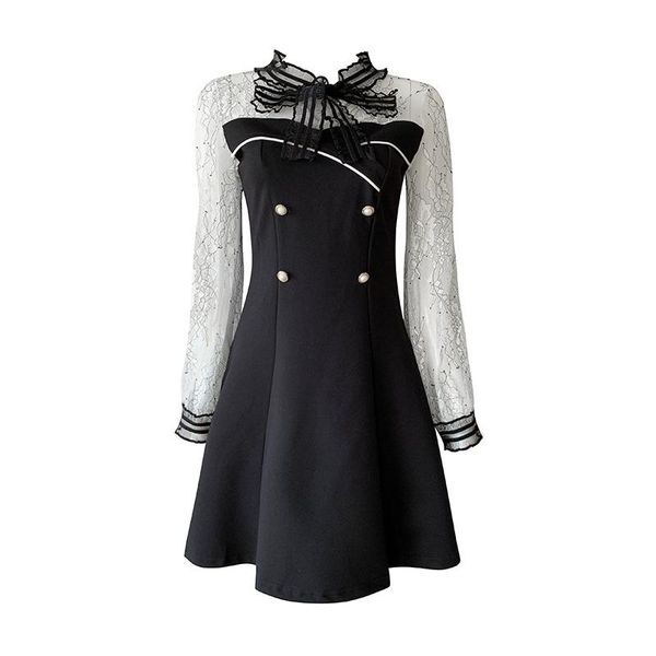 

casual dresses vsue women vintage black bow collar embroidery mesh patchwork button long sleeve empire a-line mini dress spring d2443, Black;gray