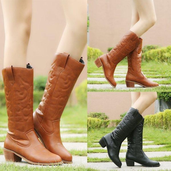 

winter leather cowboy boots women fur inside western mid-calf slip on black brown plus size 43