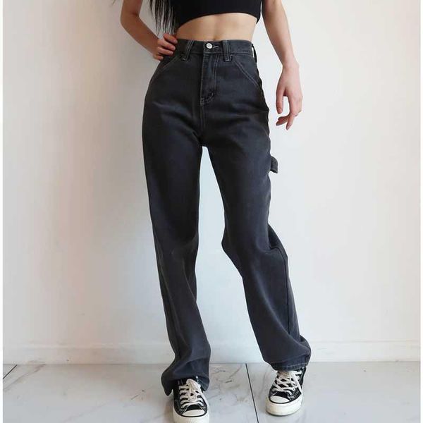 

women's jeans baggy for women loose high waist boyfriend mom big pockets black straight denim pants fashion 2021, Blue