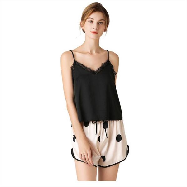 

shorts satin pajamas set women sleepwear lace design v neck dots printing loose homewear womens pajama, Black;red