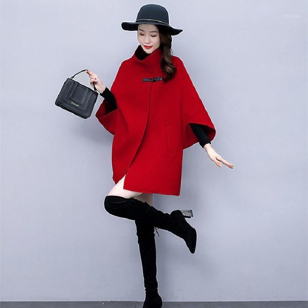 

women's wool & blends autumn winter mid-length jacket women 2021 fashion loose solid color stand-up cloak woolen cloth coat femme mante, Black