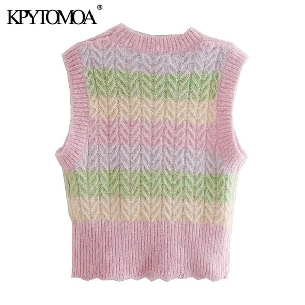 

kpytomoa women sweet fashion with ribbed trims striped vest sweater vintage o neck sleeveless female waistcoat chic, Black;white