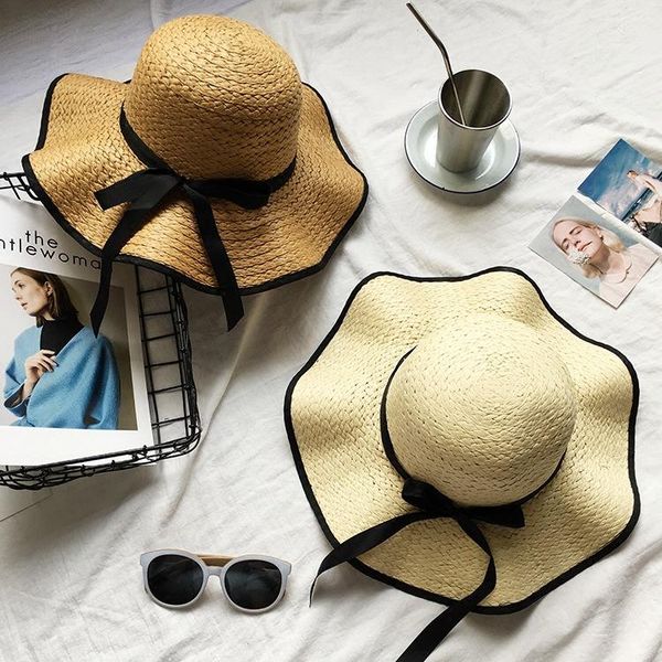 

wide brim hats women summer straw hat ribbon bow foldable floppy sun uv protect beach travel cap female ladies gorros mujer, Blue;gray