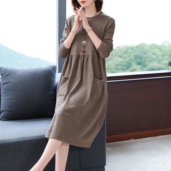

casual dresses knitted long-sleeved round neck dress 2021 spring and autumn fashion western style ladies mid-length, Black;gray