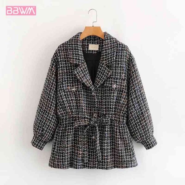 

small incense wind waist with belt lapel plaid long sleeve fashion chic female jacket korean women's coat 210507, Black;brown
