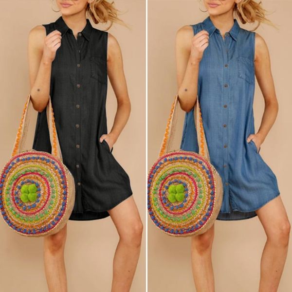 

women stylish sleeveless mini jeans dress vintage demin baggy casual sundress buttons vestidos robe plus size dresses, Black;gray