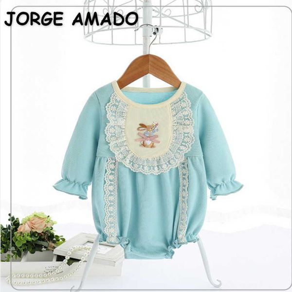 Primavera Páscoa Roupas Bebé Menina Manga Longa Romper Lace Coelho Terno Nascido Jumpsuit E9205 210610