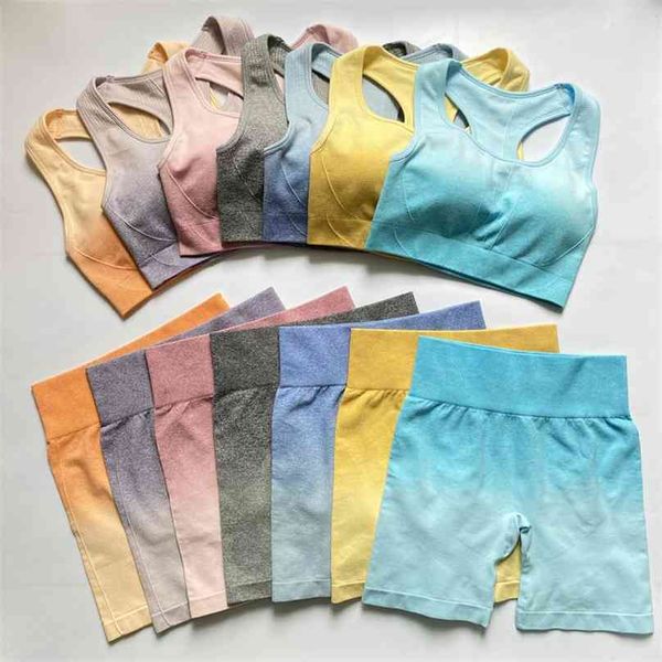 

2pcs ombre yoga set seamless sport short+s bra crop women running gym clothing high waist fitness suit swear 210802, Gray