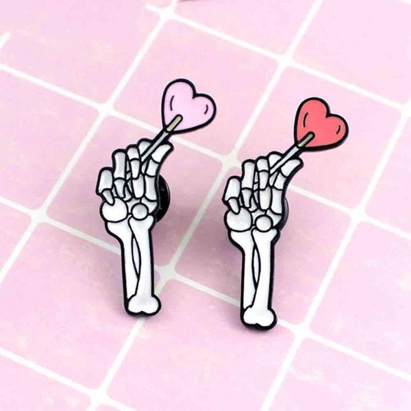 

pins, brooches halloween skeleton hand cute heart lollipop we eat sweet gothic vampire friends enamel couple pins, Gray