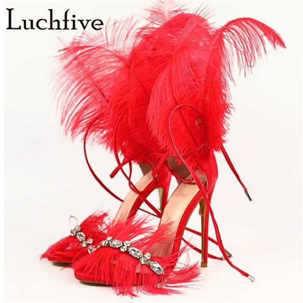 

feather crystal thin high heels sandals woman lace up open toe party gladiator stiletto yellow red jeweled shoes, Black