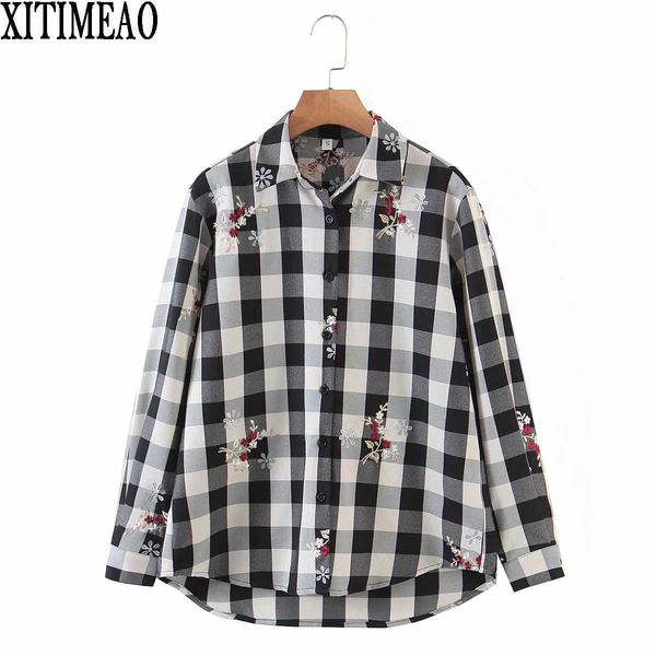 Mulheres moda escritório senhoras soltas casacos feminino outono vintage xadrez impresso camisa bordada camisa meninas chique 210602