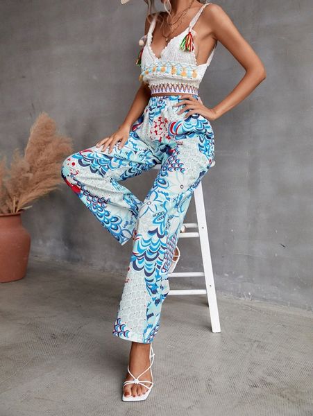 

fish scale & floral print slant pocket elastic waist pants 27k9#, Black;white