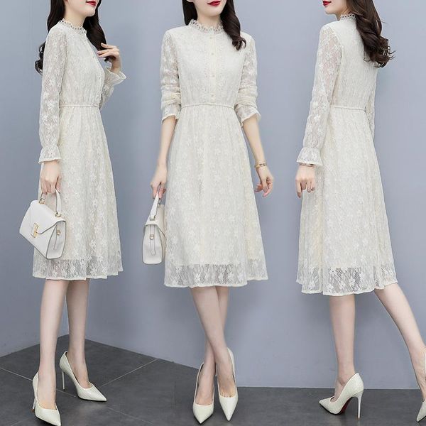 

casual dresses chiffon loose plus size women's mid-length dress fashion long sleeve lace stitching autumn houthion, Black;gray