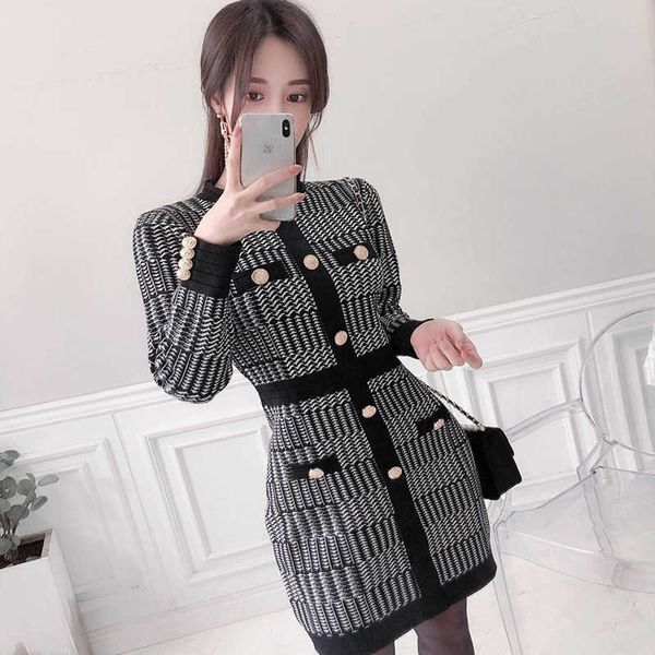 

vintage hit color houndstooth plaid dress autumn winter single breasted knitted bodycon runway sweater 210529, Black;gray