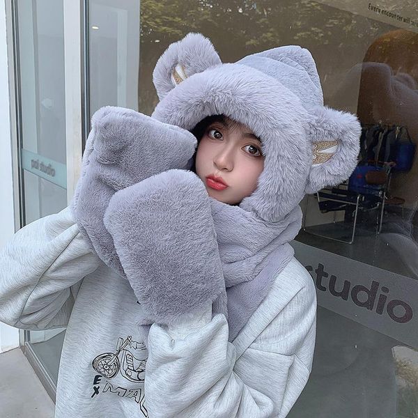

beanie/skull caps bear hat scarf one lovely girl student korean warm round face big thin net red versatile sweet cosplay, Blue;gray
