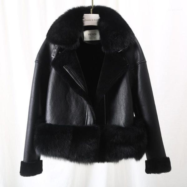 

women's fur & faux 2021 woman short outerwear warm snow real coat natural collar lamb parka winter casual jacket, Black