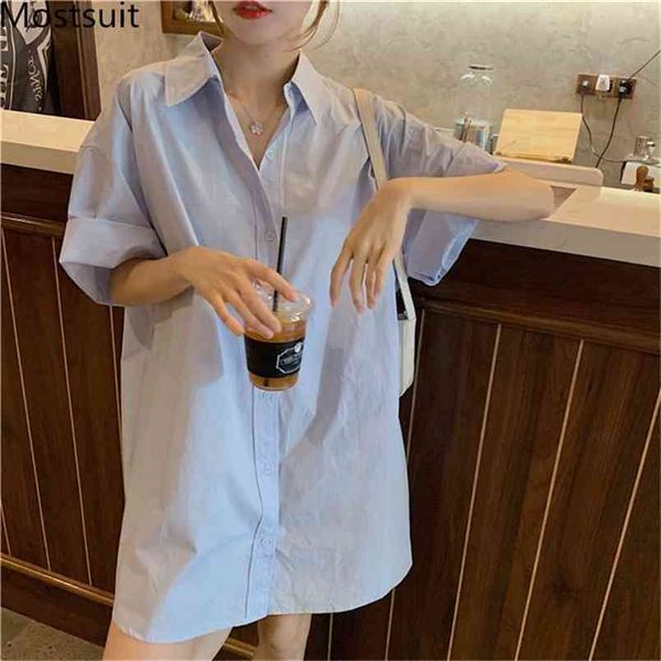 

korean loose long shirt women short sleeve single breasted straight solid fashion high street female blusas mujer 210513, White